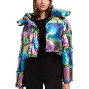 Unreal Fur Holographic FRACTALS Iridescent Puffer Jacket Metallic Cropped M NWT
